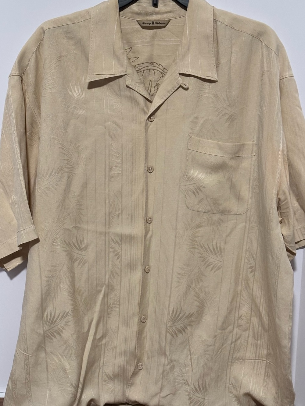 Tommy Bahama Tan Short-Sleeve Camp Shirt with Subtle Palm Motif